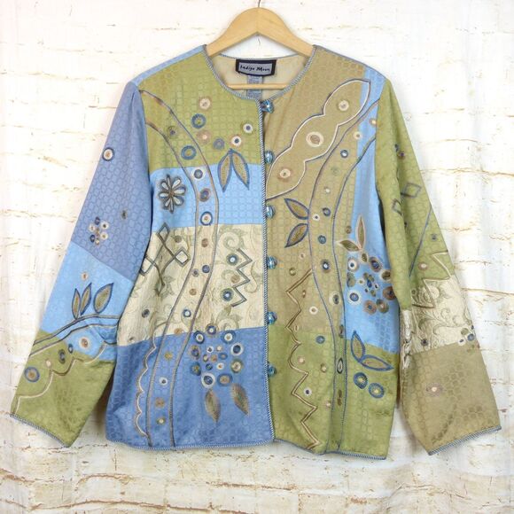 Indigo Moon Jacket Women L Blue Green Patchwork Embroidered Lined VTG Boho Artsy - Picture 1 of 14